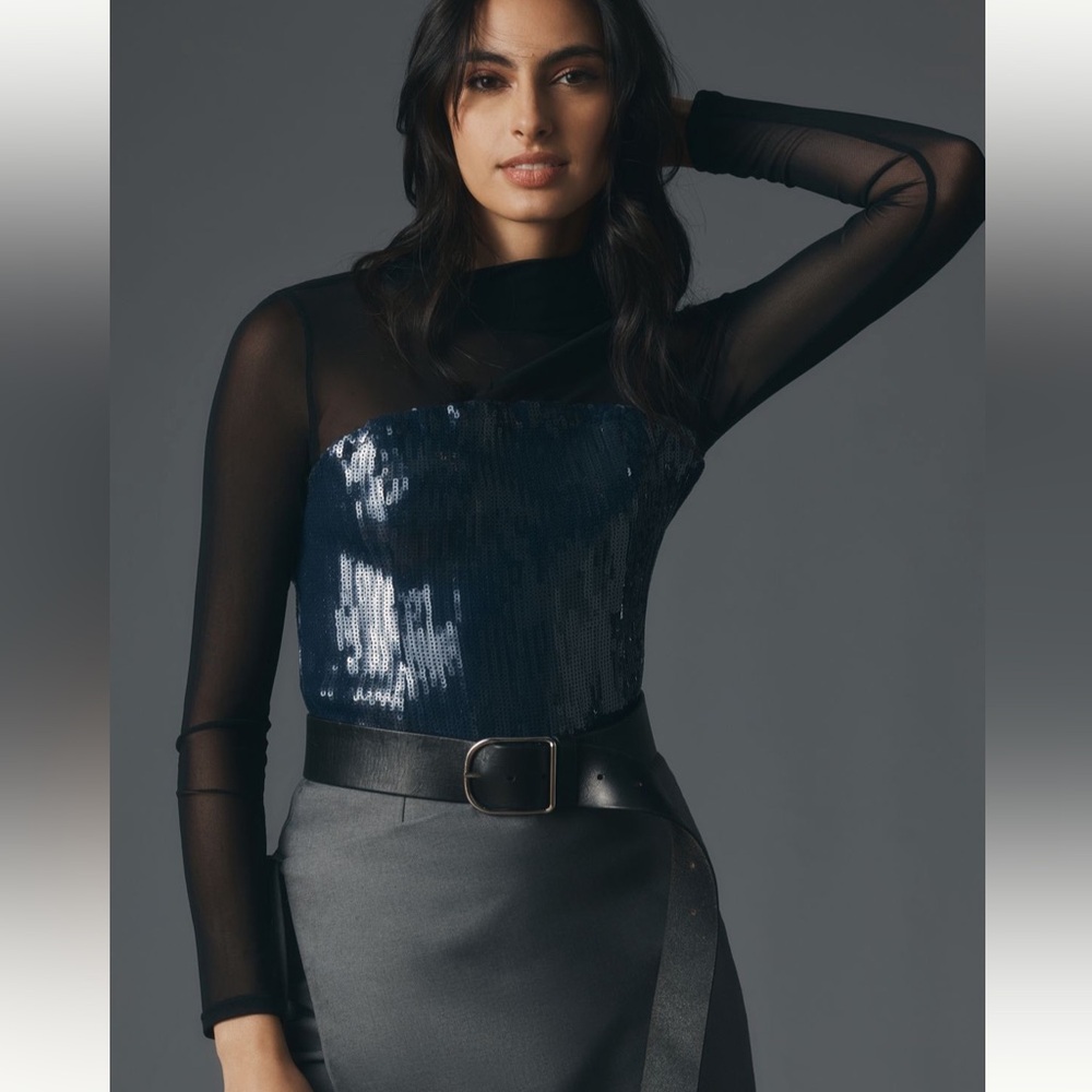 Maeve Black and Blue Mesh Sequin Top